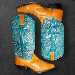 Dan Post Cowgirl Boots 6M | Turquoise & Tan Leather Western Cowboy Boots EUC